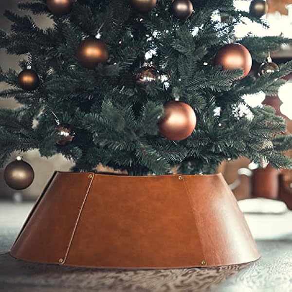 Tree Nest Albero di Natale Collare Rotondo Albero di Natale Gonna Anello Base Stand Durable Faux Leather Cover Decorazioni per albero di Natale 58.5cm semplice Texture (Marrone & Grigio, Medio)